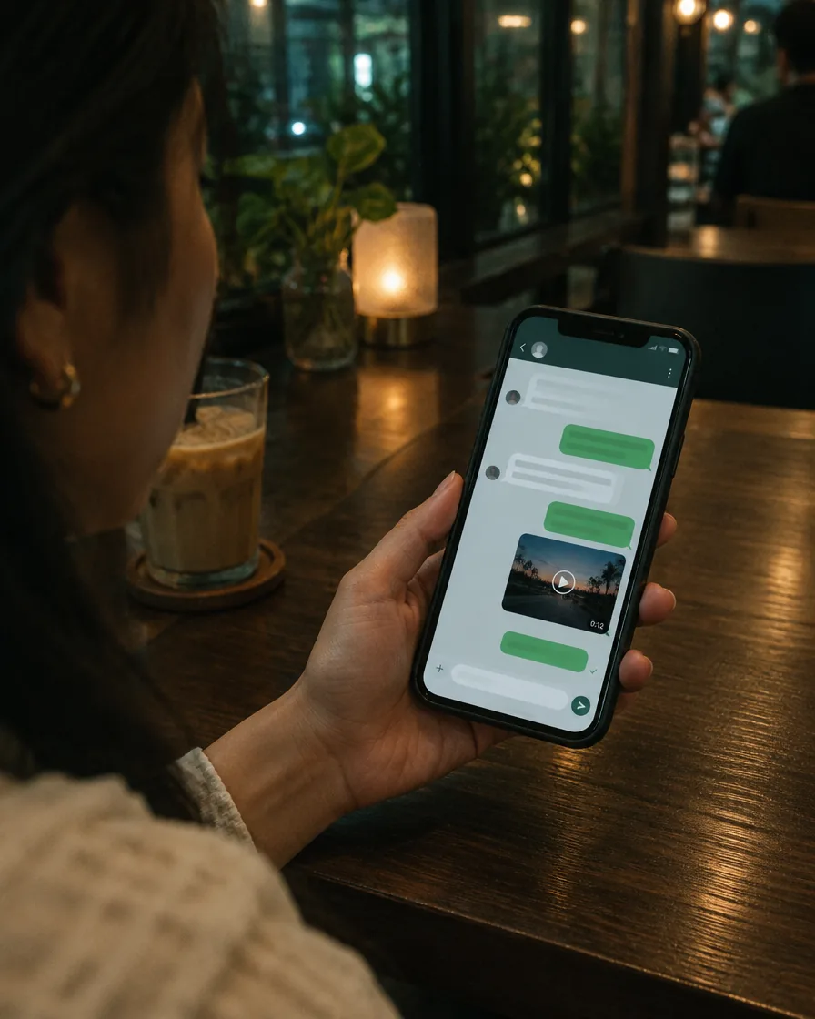 A hand holding a phone with a chat open at a cafe table