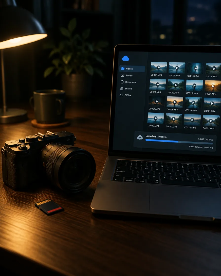 A camera and SD card beside a laptop uploading video clips
