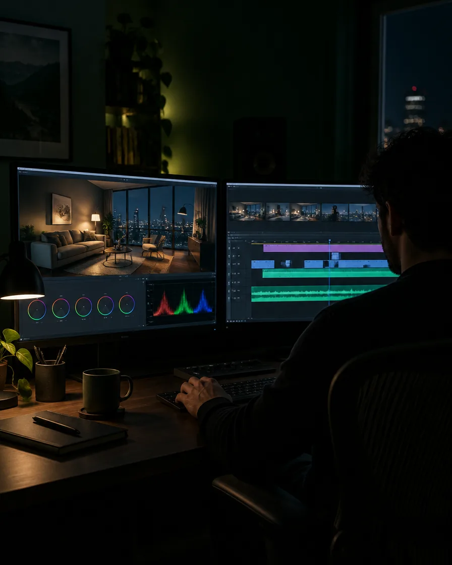 An editor at two glowing monitors with a timeline
