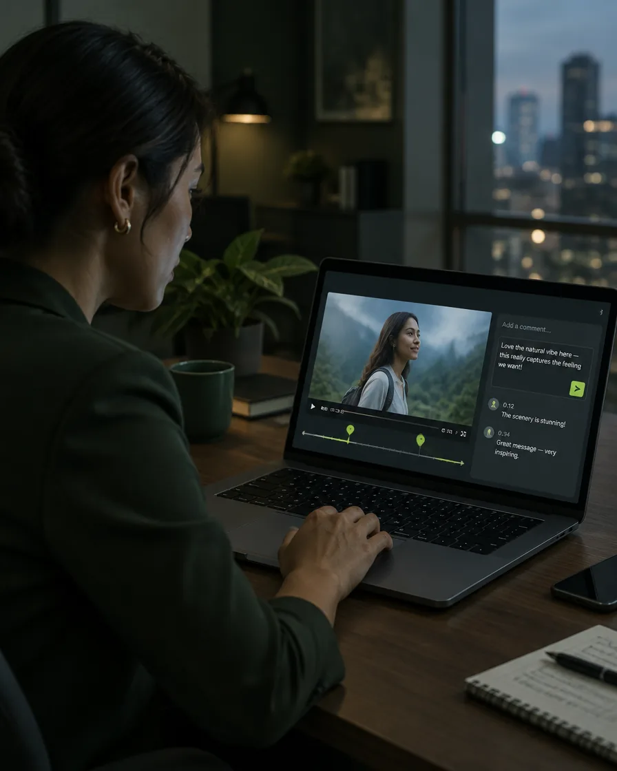 A woman reviewing a video on her laptop, comment markers on the timeline