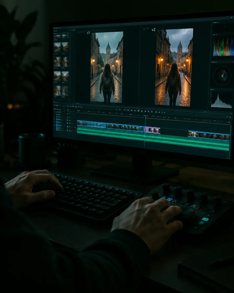 An editor comparing two versions of a vertical video