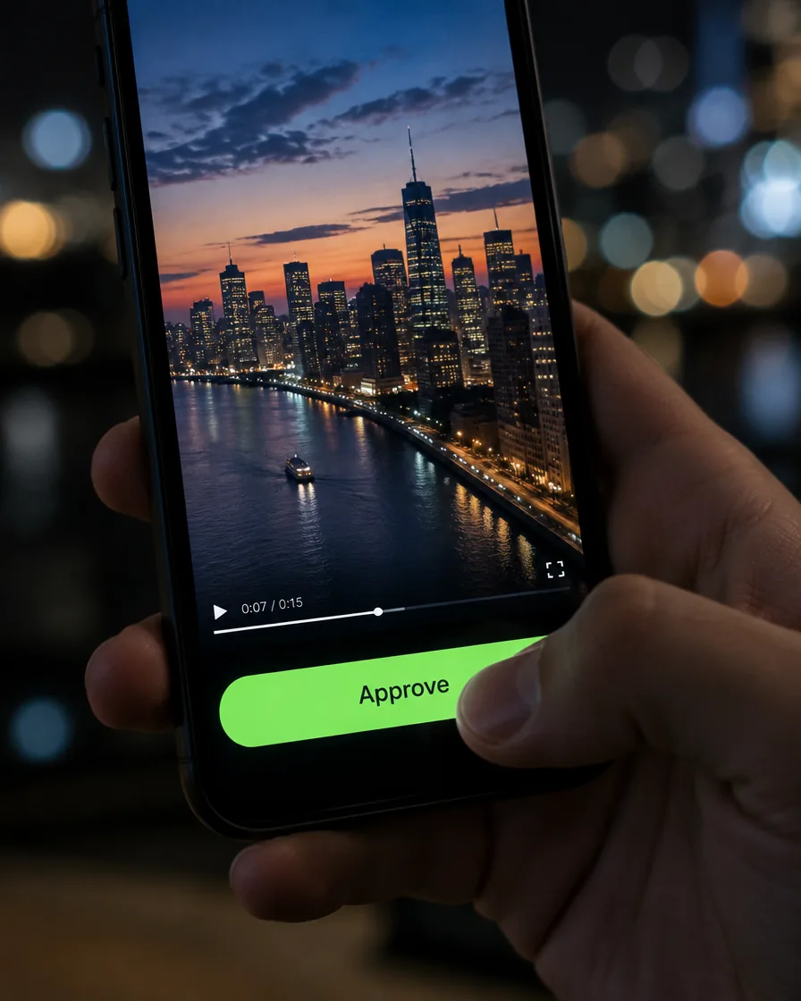 A thumb pressing a green Approve button on a phone