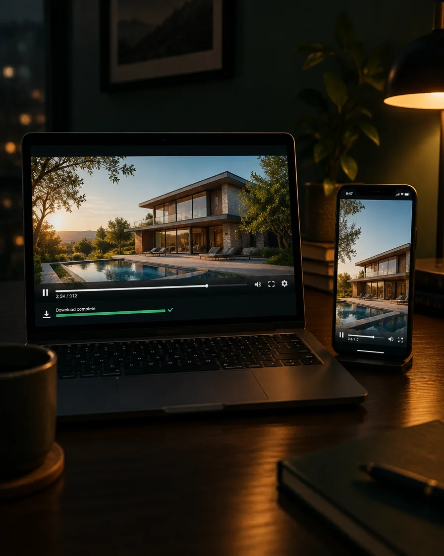 A laptop and a phone playing the same film, horizontal and vertical