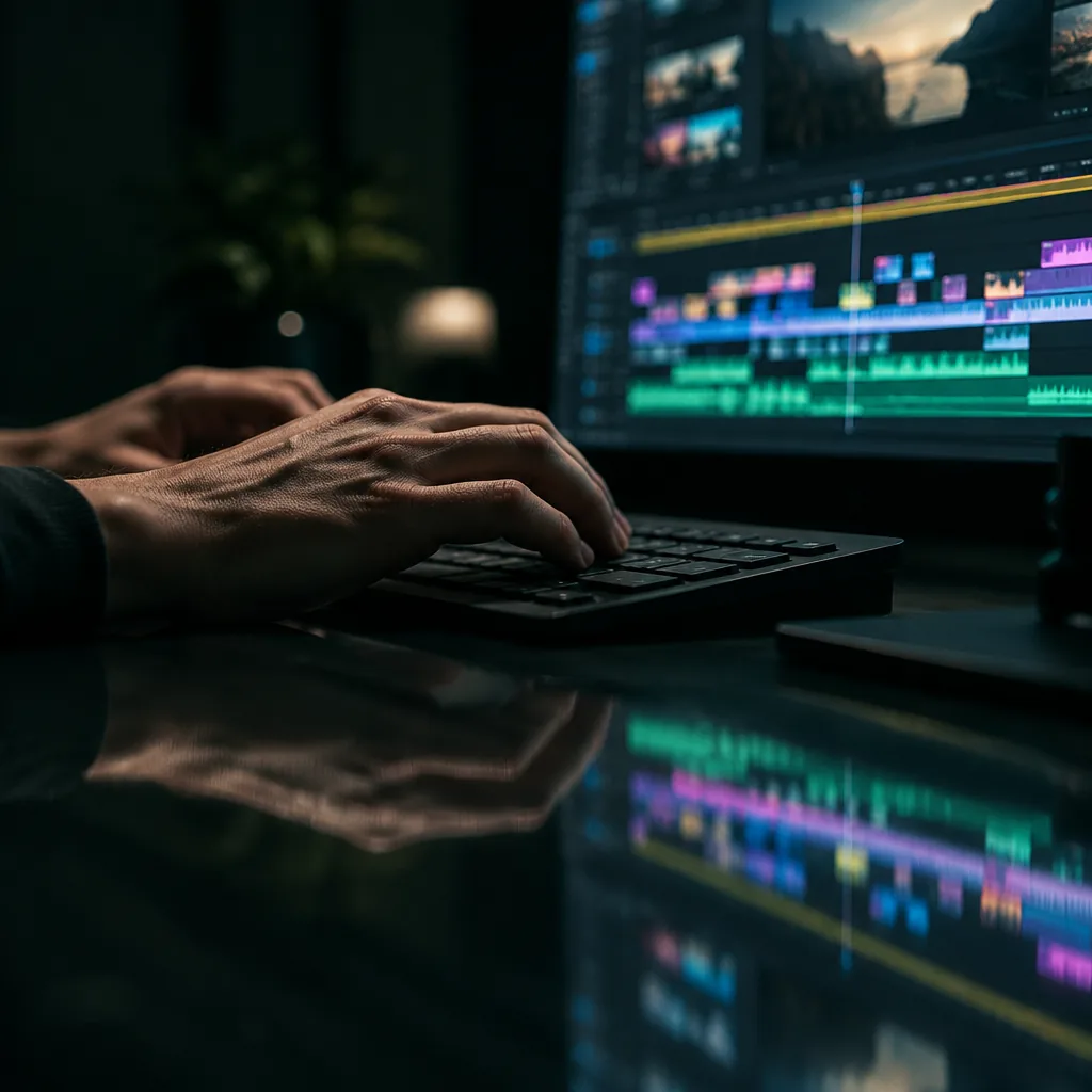 An editor's hands on a keyboard, a timeline glowing on the desk