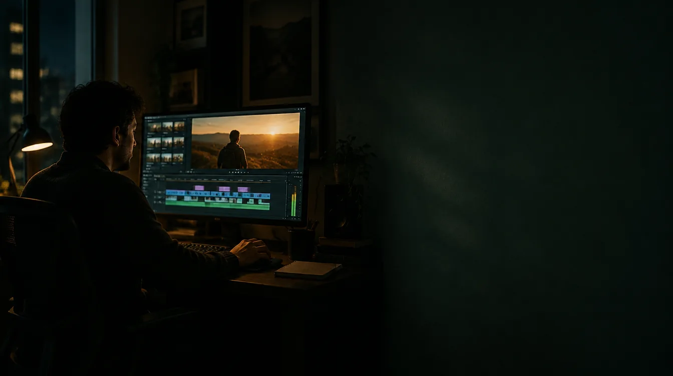 An editor working late in a dim editing room