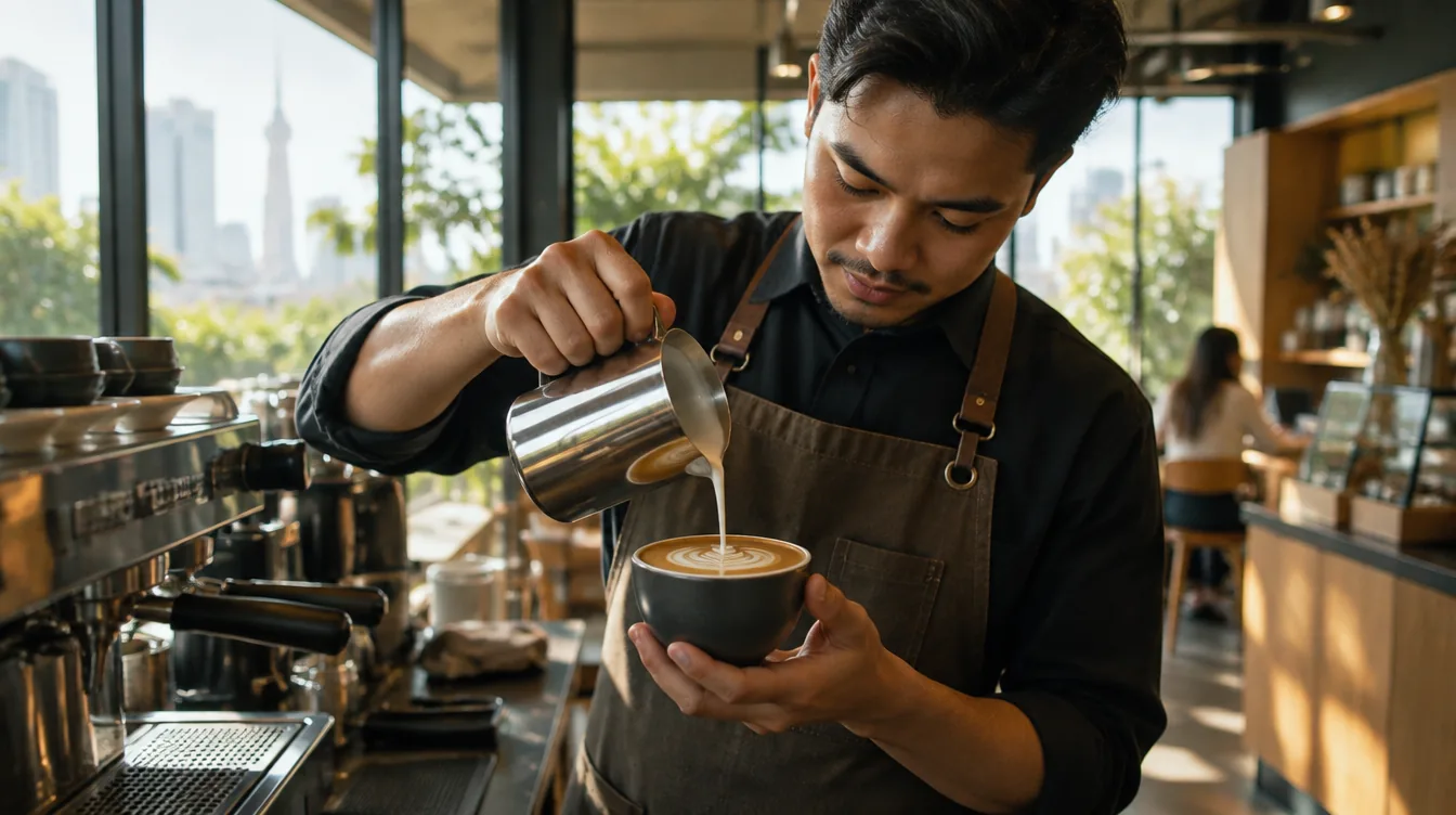 A barista pouring a latte, a frame from a cafe ad under review